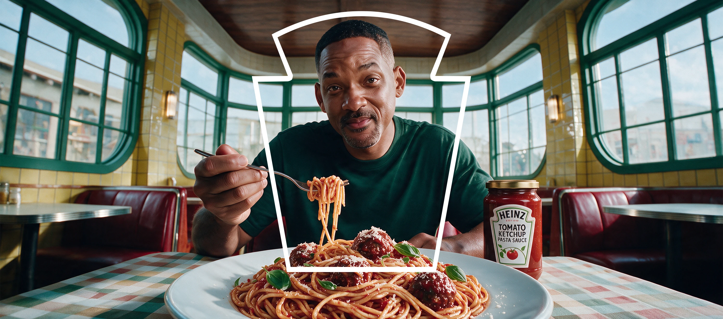 Will Smith enjoying pasta beside a jar of Heinz pasta ketchup sauce
