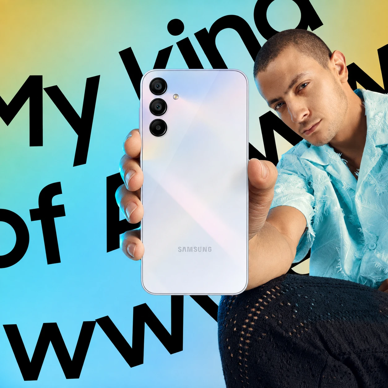 Samsung Galaxy A15 campaign visual featuring the phone held toward the camera