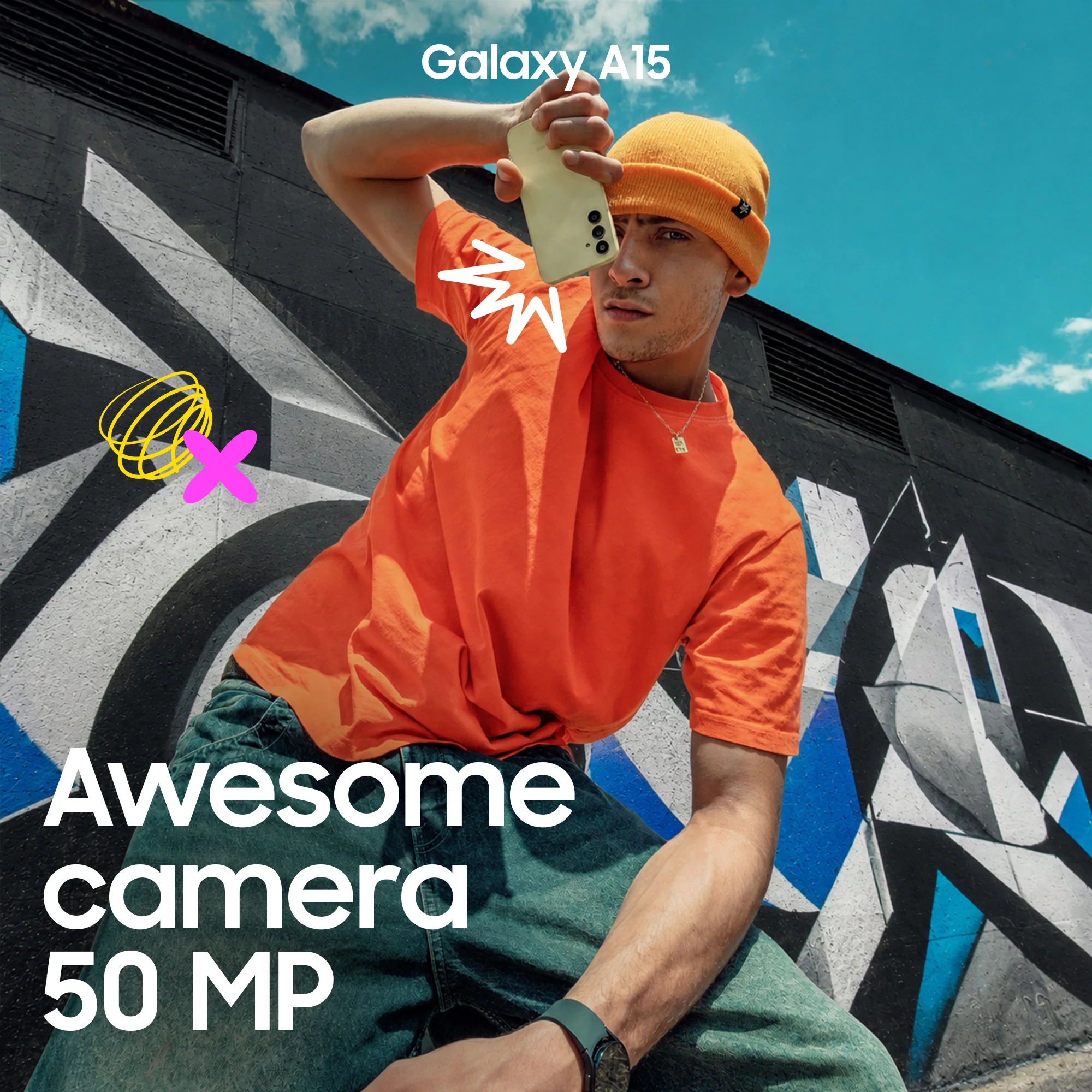 Galaxy A15 Awesome Camera 50 MP street campaign artwork featuring Fares Abdeddayem