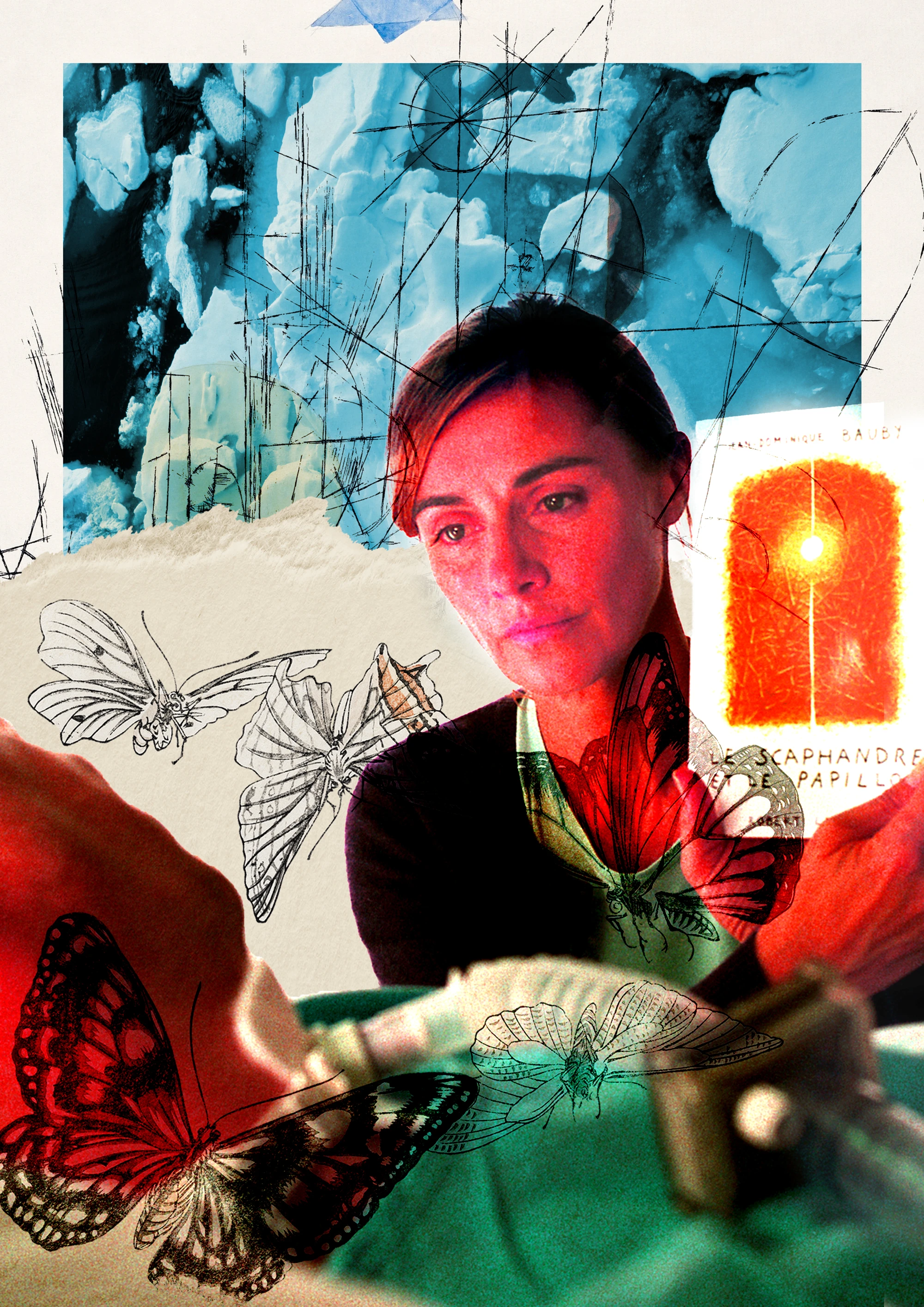 Collage portrait with butterfly drawings, blue ice textures, and red-green light