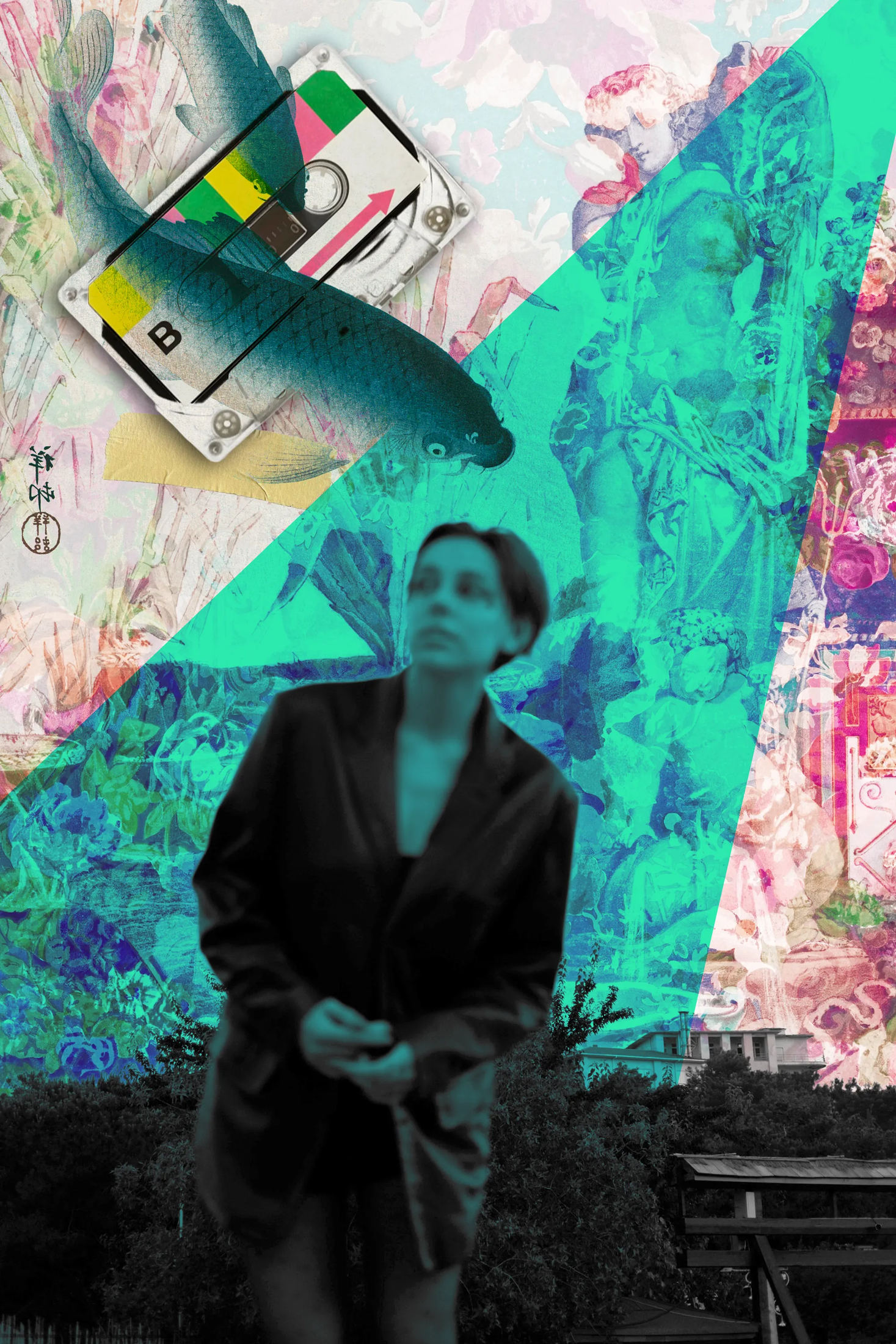 Visual Fragments collage with a cassette, teal classical imagery, and a seated woman