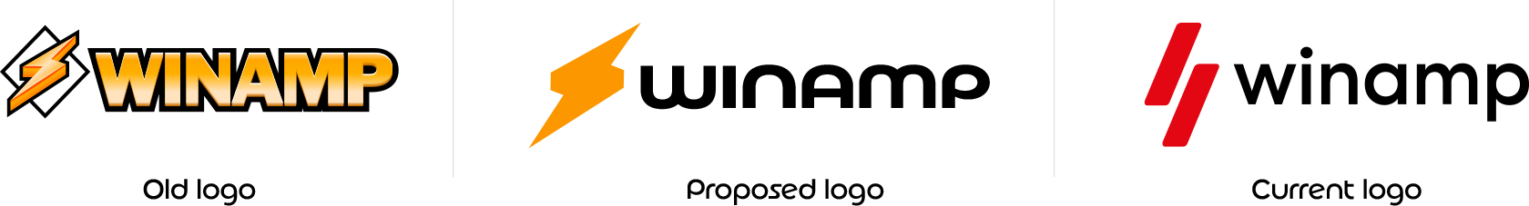 Original, proposed, and current Winamp logos